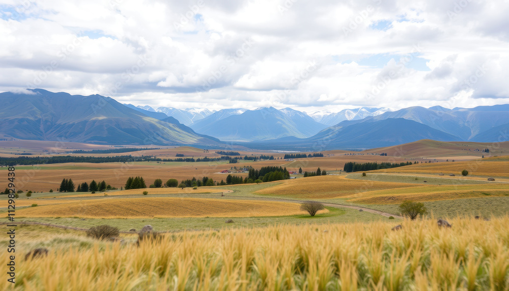 Obraz premium Rolling Hills Farmland Under Majestic Mountain Range