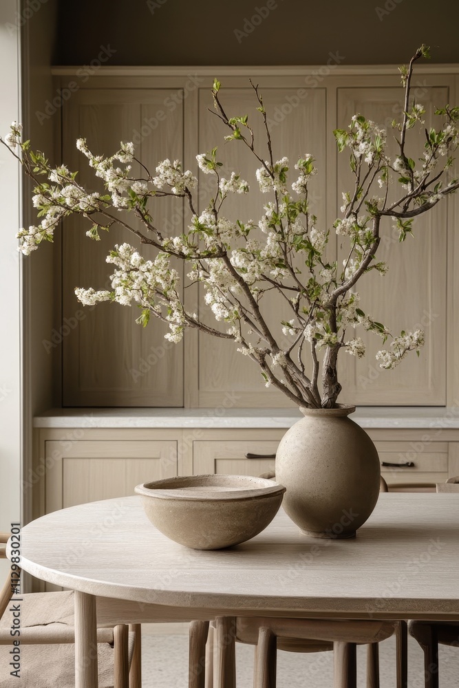 Blooming branches in earthenware vase on wooden table Blooming branches in earthenware vase on wooden table