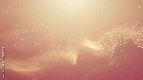 Golden particles flow gracefully on a rose gold background, forming captivating abstract shapes and textures