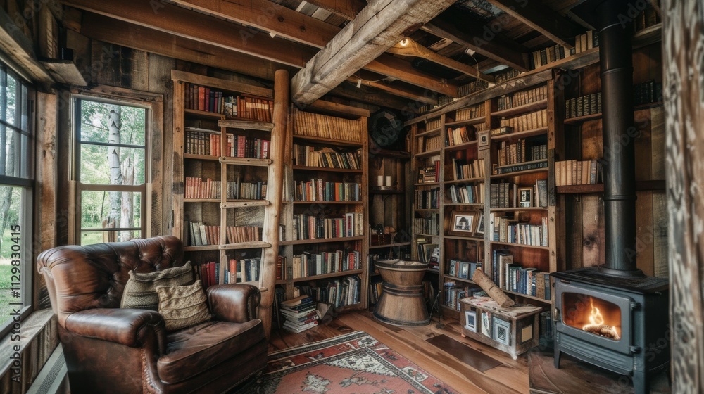 A rustic library with reclaimed wood shelves, a comfortable leather chair A rustic library with reclaimed wood shelves, a comfortable leather chair