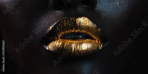 Gold paint drips from the lips, golden liquid drops on beautiful model girl`s mouth, creative abstract dark black skin makeup. Beauty woman face on black