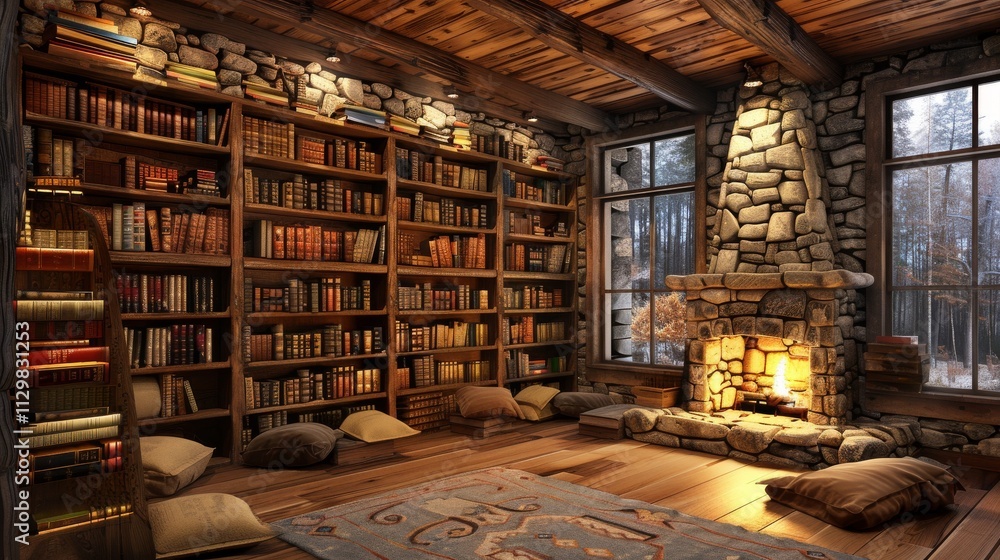 Obraz premium A rustic library with wooden bookshelves, a stone wall