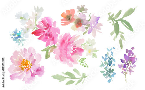 Watercolor abstract pink peonies and botanical vector bouquet illustration set / Watercolor floral background illustration 