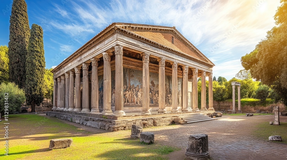 Obraz premium Outside of Roman temple adorned with frescoes depicting historical narratives