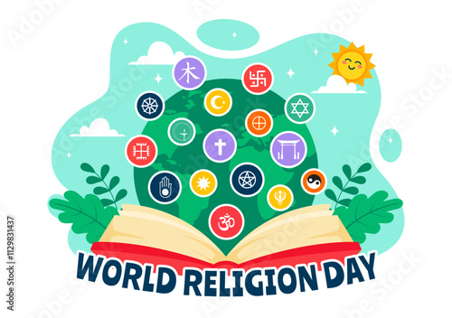 World Religion Day Vector Illustration on 17 January with Symbol Icons of Different Religions to Unity and Respect Among All Beliefs in a Background