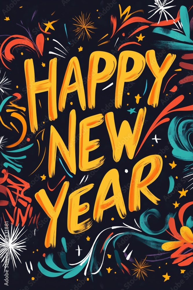 Fototapeta premium Happy New Year Hand-Drawn Text with Colorful Fireworks