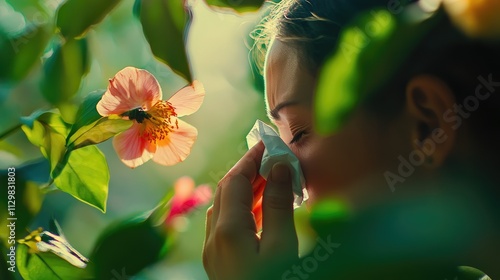 Person sneezing into tissueamidst blooming flowersand green leaves,
symbolizing allergy seasonwith ample copy space fortext or design elements. photo