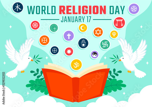 World Religion Day Vector Illustration on 17 January with Symbol Icons of Different Religions to Unity and Respect Among All Beliefs in a Background