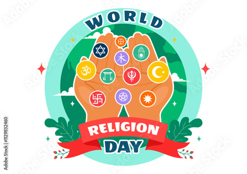 World Religion Day Vector Illustration on 17 January with Symbol Icons of Different Religions to Unity and Respect Among All Beliefs in a Background