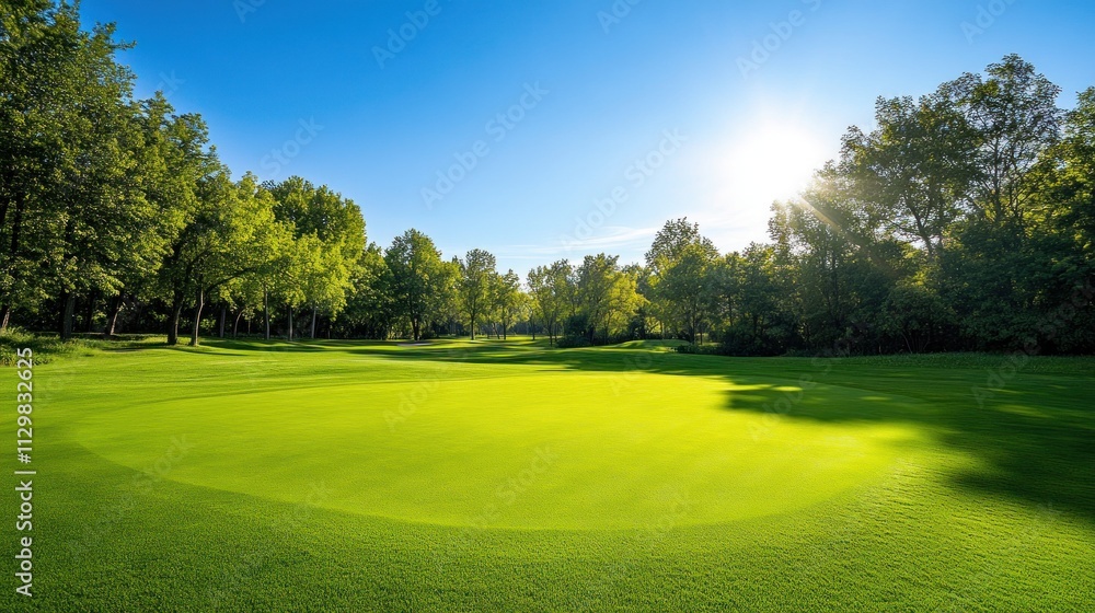 Golf Course Green with Sun Rays in the Sky Golf Course Green with Sun Rays in the Sky