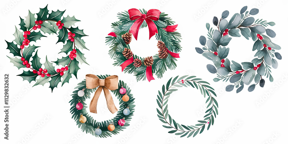 Watercolor Christmas Wreaths Holly Pine Eucalyptus Festive Holiday Decorations Watercolor Christmas Wreaths Holly Pine Eucalyptus Festive Holiday Decorations