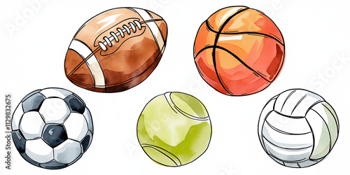 Watercolor Sports Balls Soccer Basketball Tennis Volleyball Football