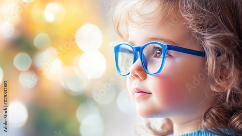 Young child wearing blueglasses focusing on distanttree outside window.symbolizing myopia
prevention and importanceof outdoor activities. photo