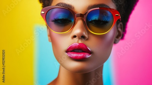 Vibrant Pop Fashion: Stylish Woman with Bold Makeup and Trendy Sunglasses on Colorful Background