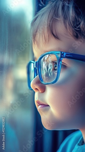 Young child wearing blueglasses focusing on distanttree outside window.symbolizing myopia
prevention and importanceof outdoor activities. photo