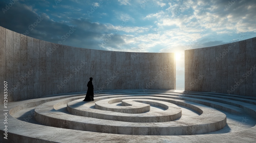 Maze of life: an individual navigating a labyrinth, representing complex journey of facing difficulties and search for meaning, capturing intricate process of personal growth and understanding. Maze of life: an individual navigating a labyrinth, representing complex journey of facing difficulties and search for meaning, capturing intricate process of personal growth and understanding.