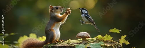 Squirrel and bird share an acorn in nature