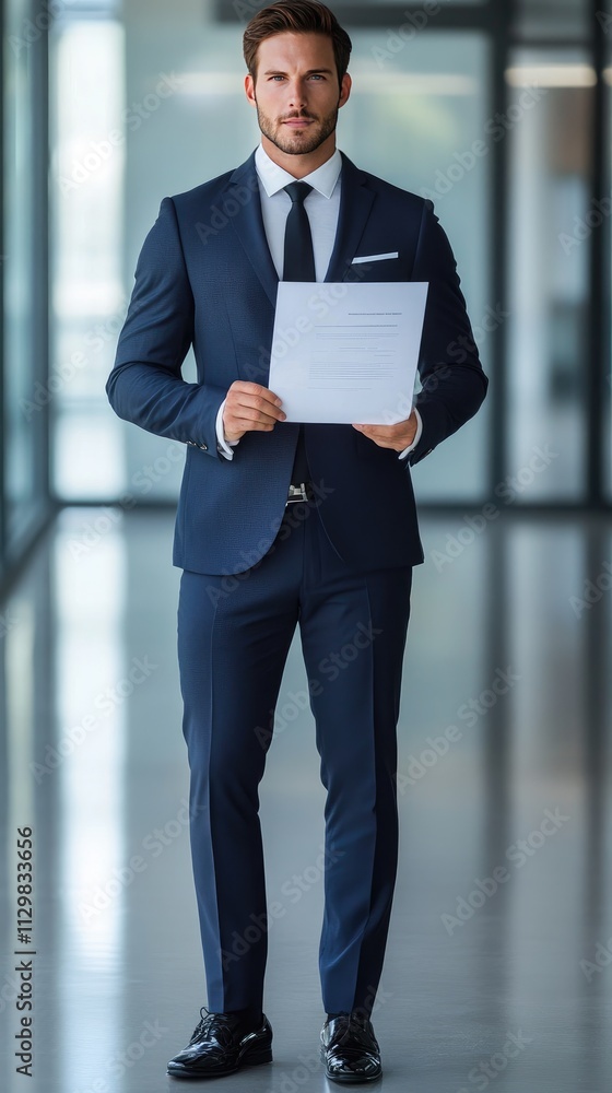 Elegant professional in tailored suit,standing confidently with a resume inhand, against a clean, minimalist officebackground with ample copy space Elegant professional in tailored suit,standing confidently with a resume inhand, against a clean, minimalist officebackground with ample copy space