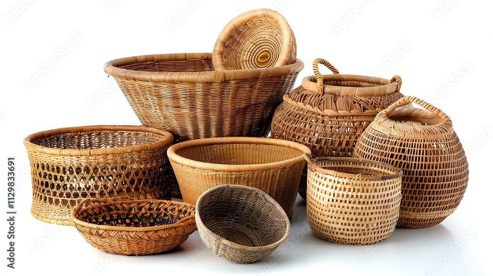 A clean, high-resolution image of handmade artisan baskets on a white background.--ar 16:9 A clean, high-resolution image of handmade artisan baskets on a white background.--ar 16:9