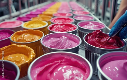 Vibrant hues swirl in rows of paint tubs, a mesmerizing display of color and texture during the production process. A gloved hand delicately stirs the rich pigments. photo