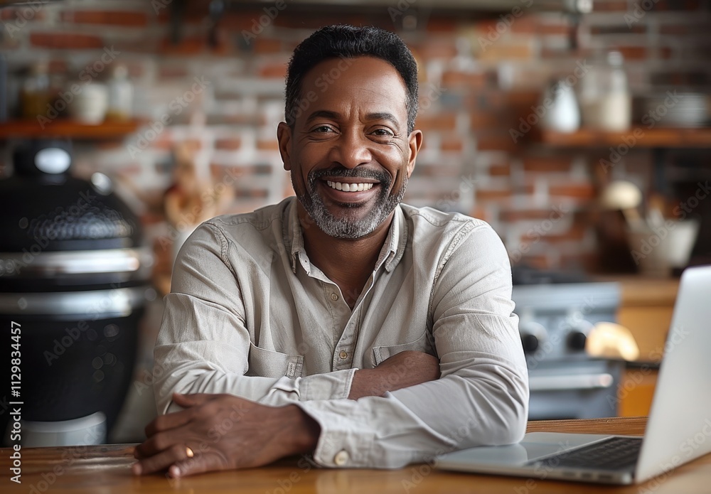 Black man is sitting at the kitchen counter with his hands crossed on top of each other Black man is sitting at the kitchen counter with his hands crossed on top of each other