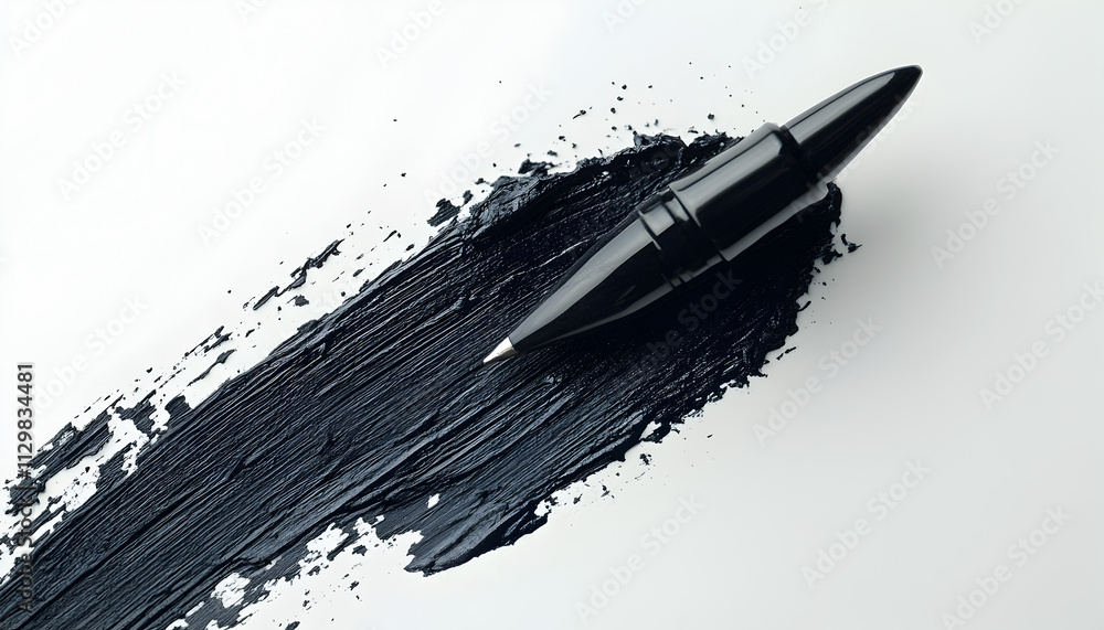 A black pen rests on a bold stroke of black paint on a white background. A black pen rests on a bold stroke of black paint on a white background.