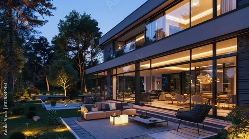 Wallpaper Mural A sleek villa at dusk with large, illuminated windows and stylish architecture. The patio includes chic outdoor furniture and a well-kept garden. Ultra-detailed Torontodigital.ca