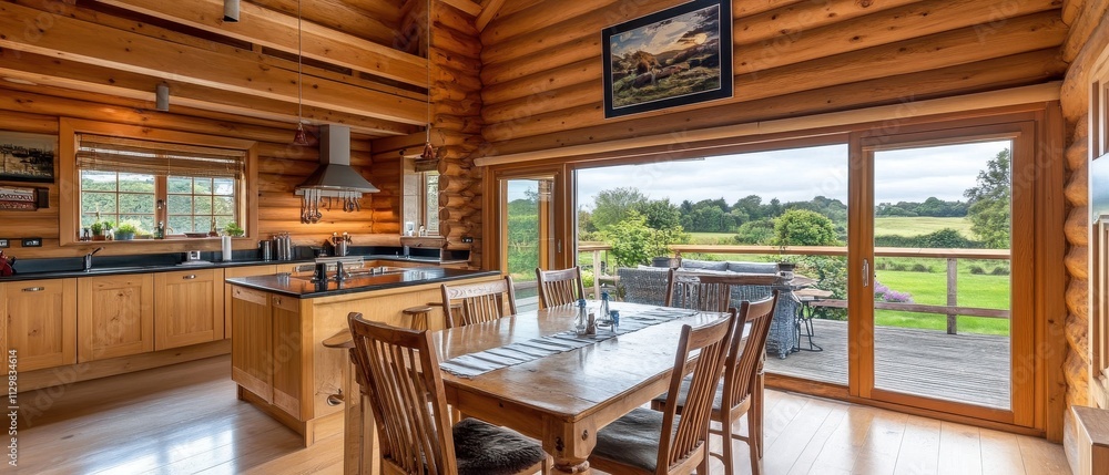 Wooden Cabin Kitchen Dining Area With Scenic View Wooden Cabin Kitchen Dining Area With Scenic View