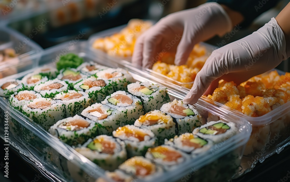 Expert hands carefully arrange vibrant sushi rolls in clear plastic containers, a culinary masterpiece in the making. Expert hands carefully arrange vibrant sushi rolls in clear plastic containers, a culinary masterpiece in the making.