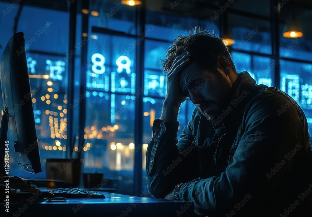 an employee sitting at their desk in front of the computer, holding their head with one hand and feeling tired from work during the blue hour an employee sitting at their desk in front of the computer, holding their head with one hand and feeling tired from work during the blue hour