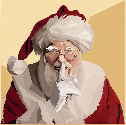 Secret Santa Claus vector illustration. Santa in faceting art style showing shh finger. Christmas and New Year invitations isolated