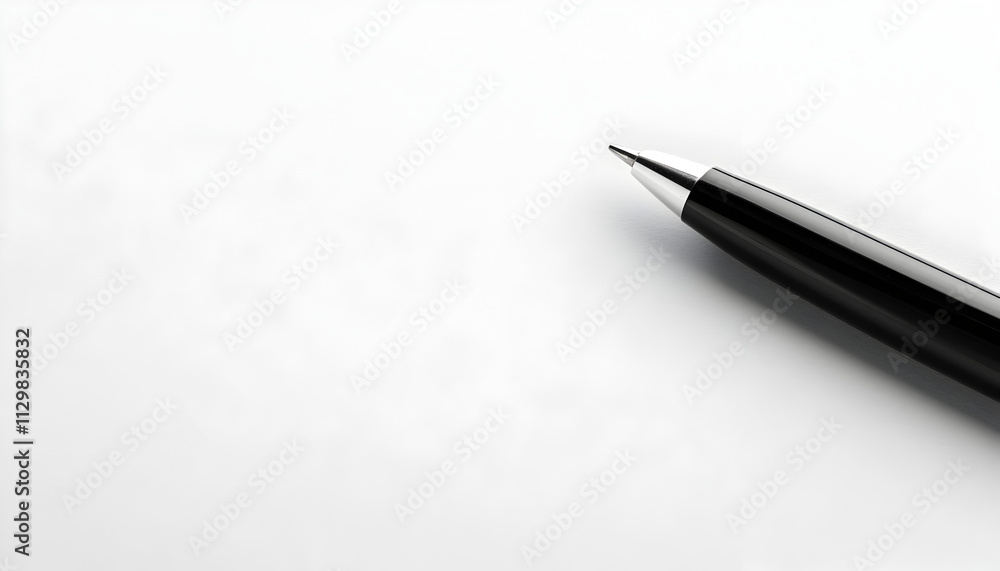 A close-up of a black pen resting on a blank sheet of paper, ready for writing. A close-up of a black pen resting on a blank sheet of paper, ready for writing.