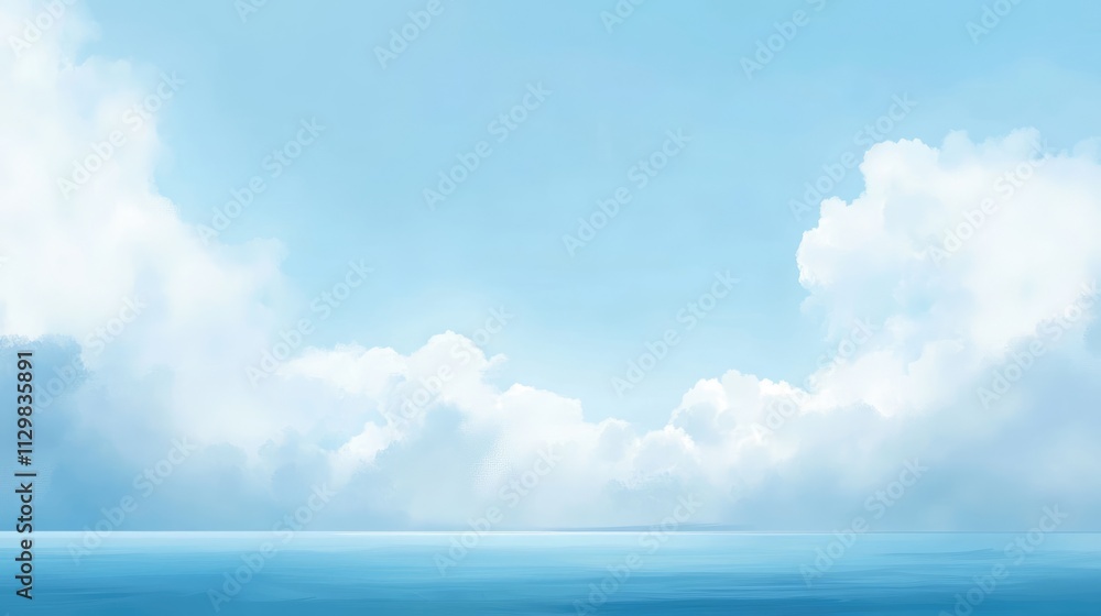 Panoramic illustration of light blue sky with cloudy haze and sea on horizon. Serene minimalistic design ideal for modern digital art, wallpapers and backgrounds for various projects Panoramic illustration of light blue sky with cloudy haze and sea on horizon. Serene minimalistic design ideal for modern digital art, wallpapers and backgrounds for various projects
