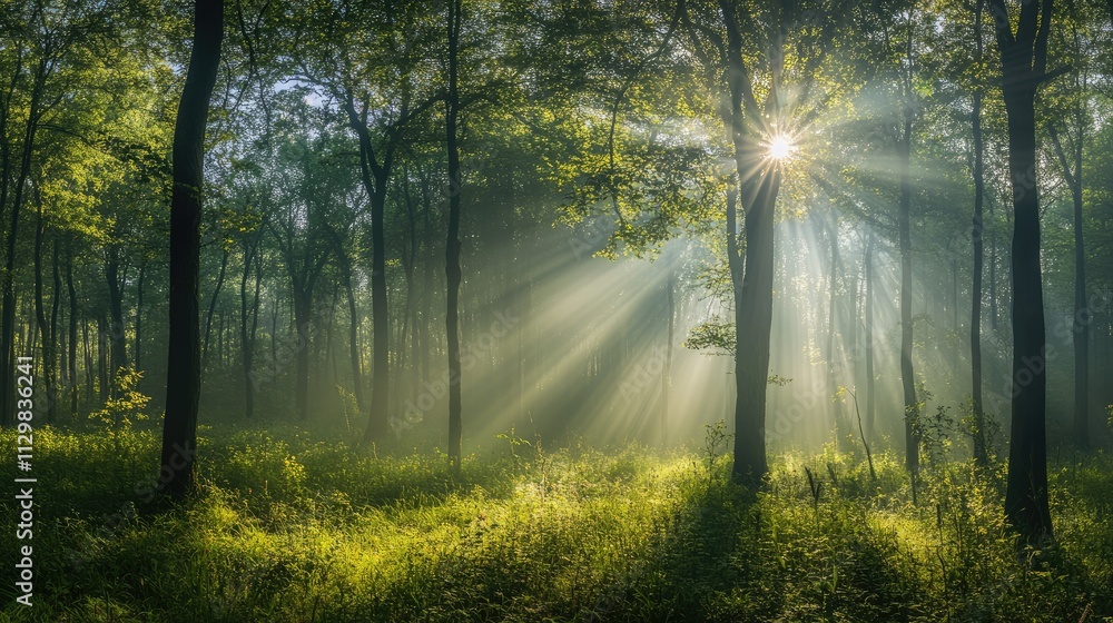Obraz premium Panoramic view of a forest in spring with sun rays.