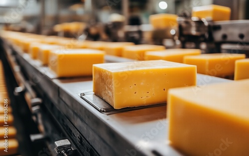 Golden Cubes Glide: A mesmerizing view of cheese blocks moving along a conveyor belt in a dairy factory. Witness the journey from production to packaging!