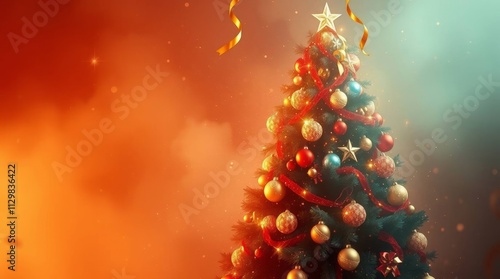 Christmas tree decorated with colorful ornaments and ribbons, shining on a blurred background. Perfect for festive decoration and Christmas atmosphere