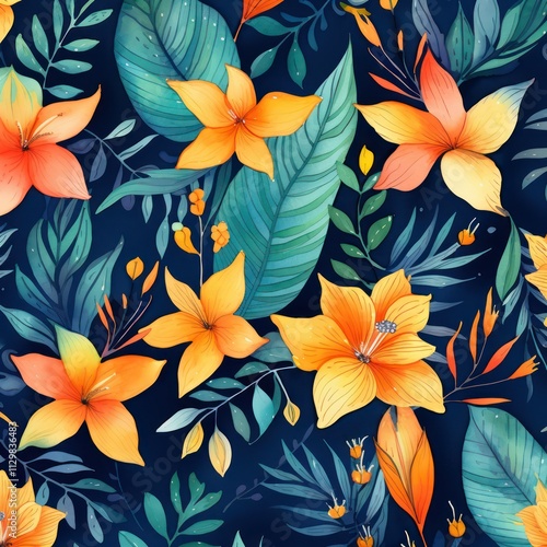 Wallpaper Mural Tropical Flowers and Leaves on Dark Background Torontodigital.ca