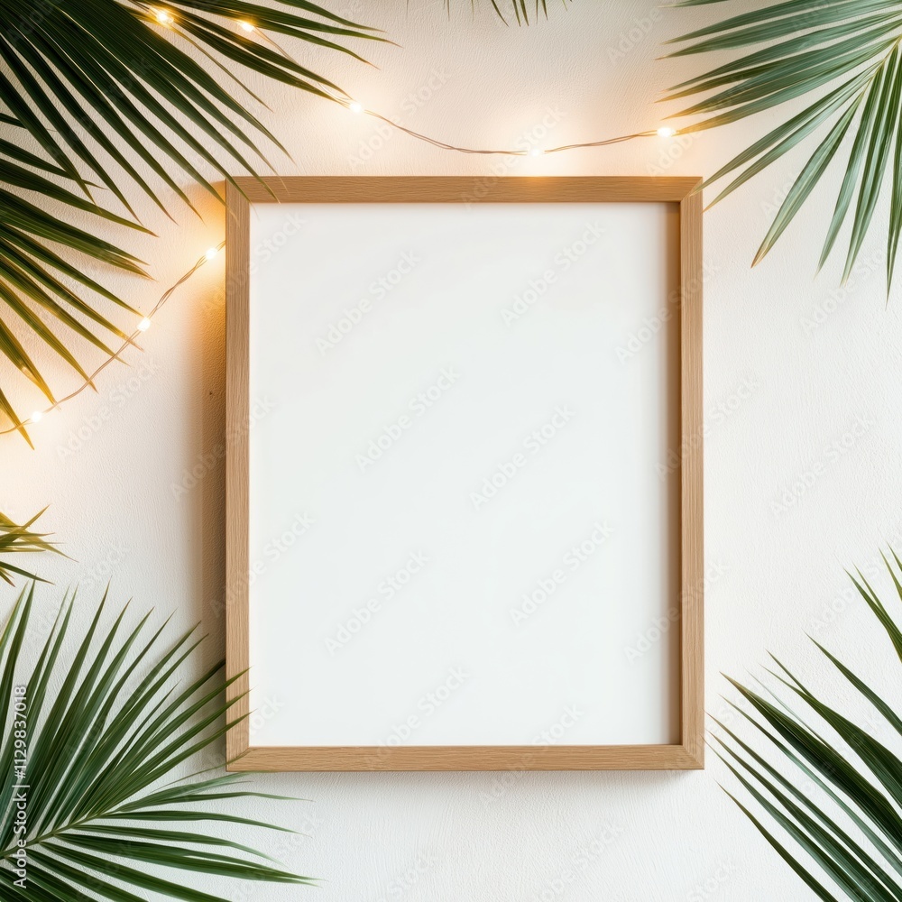 Empty light brown picture frame on white wall. Decorated with tropical palm leaves, fairy lights. Versatile decor for home business. Perfect for displaying photos artwork. Elegant, stylish design. Empty light brown picture frame on white wall. Decorated with tropical palm leaves, fairy lights. Versatile decor for home business. Perfect for displaying photos artwork. Elegant, stylish design.