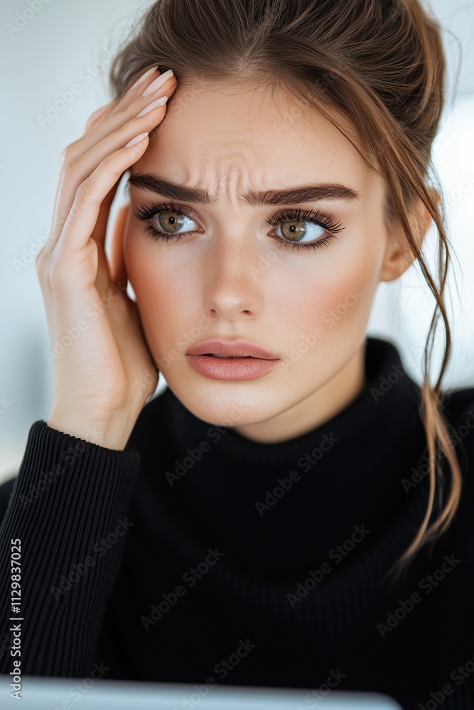 Obraz premium Young woman with a concerned expression, sitting indoors in a modern setting