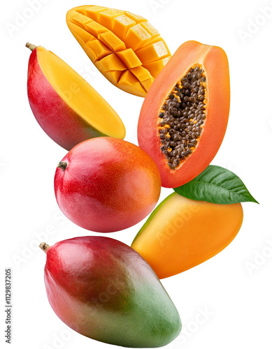 Vibrant tropical colors of falling papaya and mango isolated on white in full depth of field