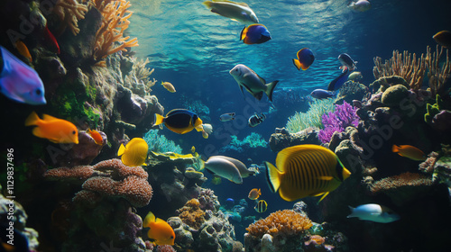 Beautiful Underwater Scenery with Various Types of Fish and Coral Reefs