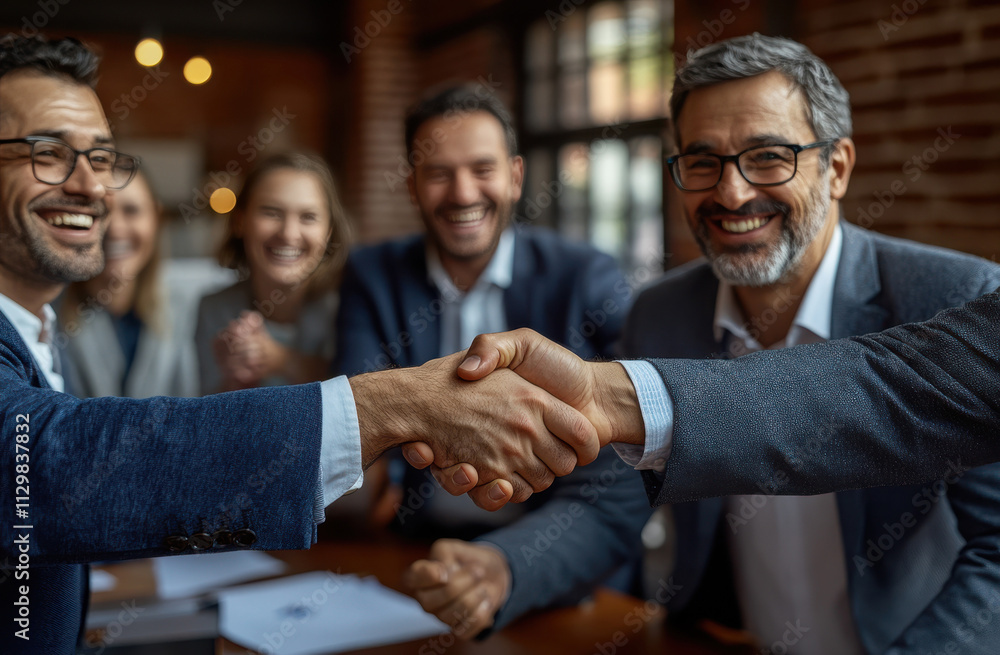 group of business people shaking hands and smiling, celebrating success in an office setting group of business people shaking hands and smiling, celebrating success in an office setting