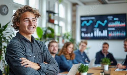 confident young man with his arms crossed, smiling and looking to the side while standing in front of an office boardroom table where team members sit around it during their meeting