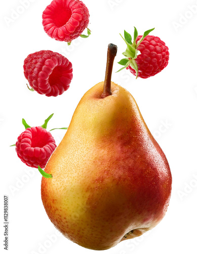 More natural sweetness of falling pear and raspberry on white isolated showcased in full depth of field