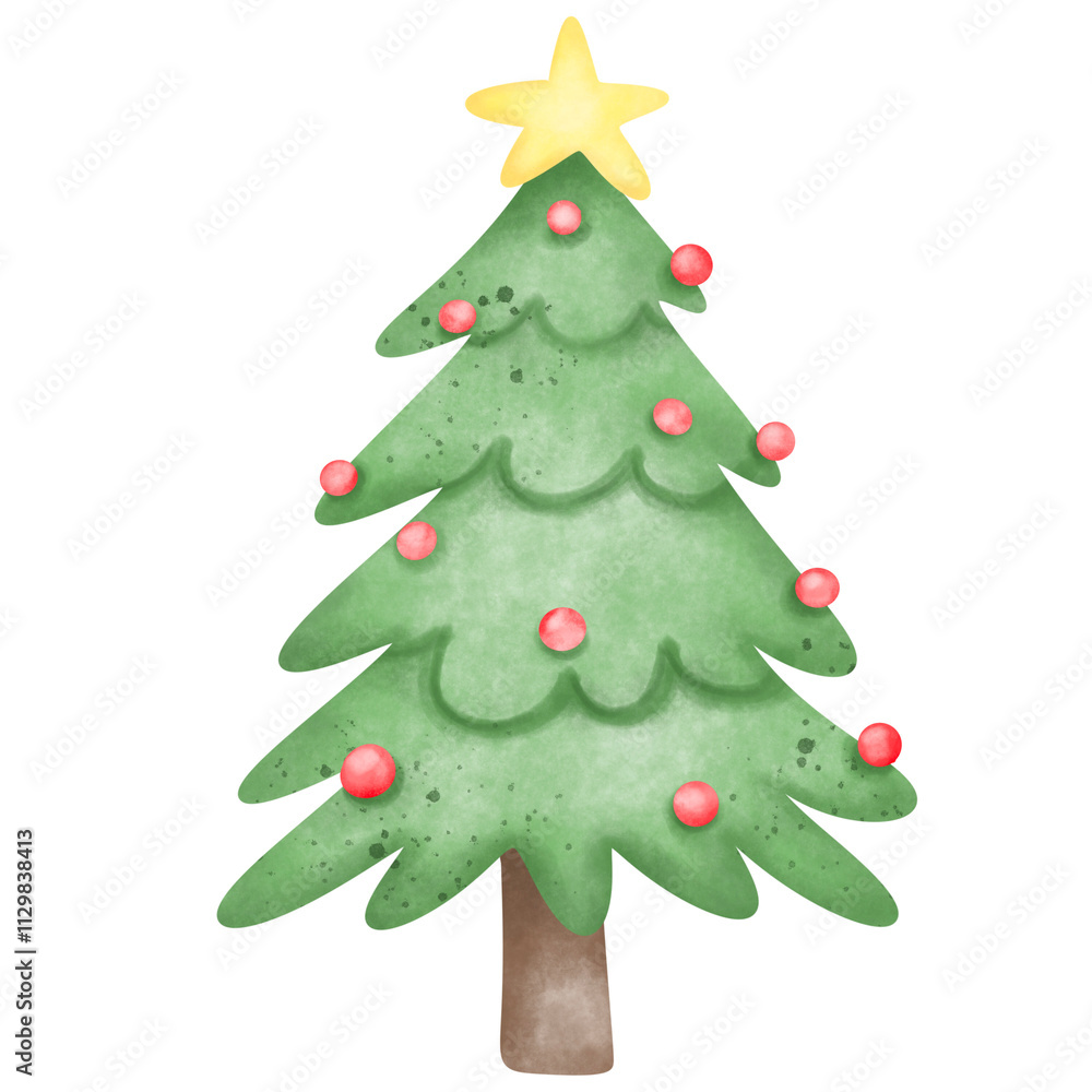 Watercolor Christmas tree , Christmas tree with festive star decoration on top Watercolor Christmas tree , Christmas tree with festive star decoration on top