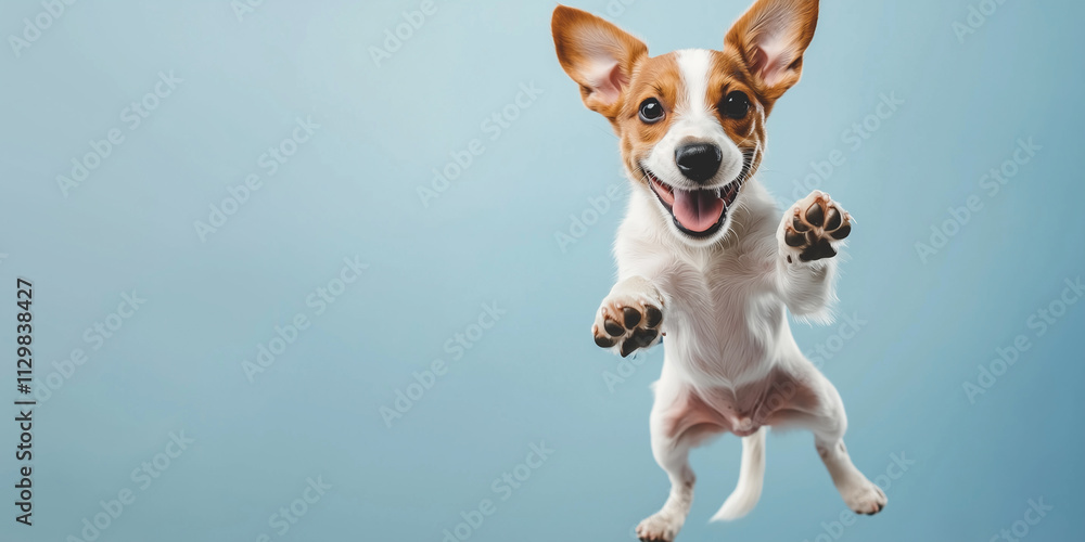 Jumping happy obedient dog, pet training concept, web banner. Jumping happy obedient dog puppy listening with funny ears, pet training concept, web banner with copy space Jumping happy obedient dog, pet training concept, web banner. Jumping happy obedient dog puppy listening with funny ears, pet training concept, web banner with copy space