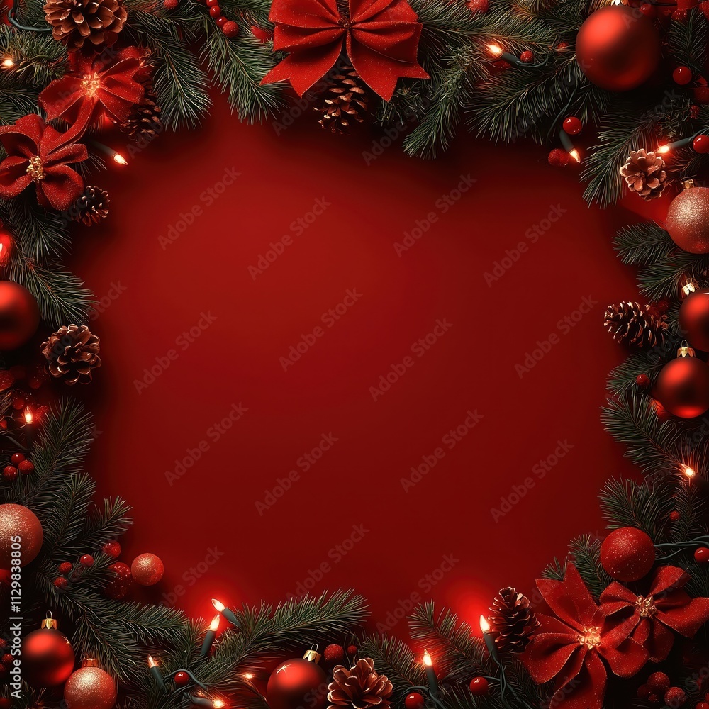 Christmas background with festive border frame. Red background surrounded by fir branches pine cones christmas ornaments, lights. Festive holiday decor for holiday cards blank tags. Ideal for Christmas background with festive border frame. Red background surrounded by fir branches pine cones christmas ornaments, lights. Festive holiday decor for holiday cards blank tags. Ideal for