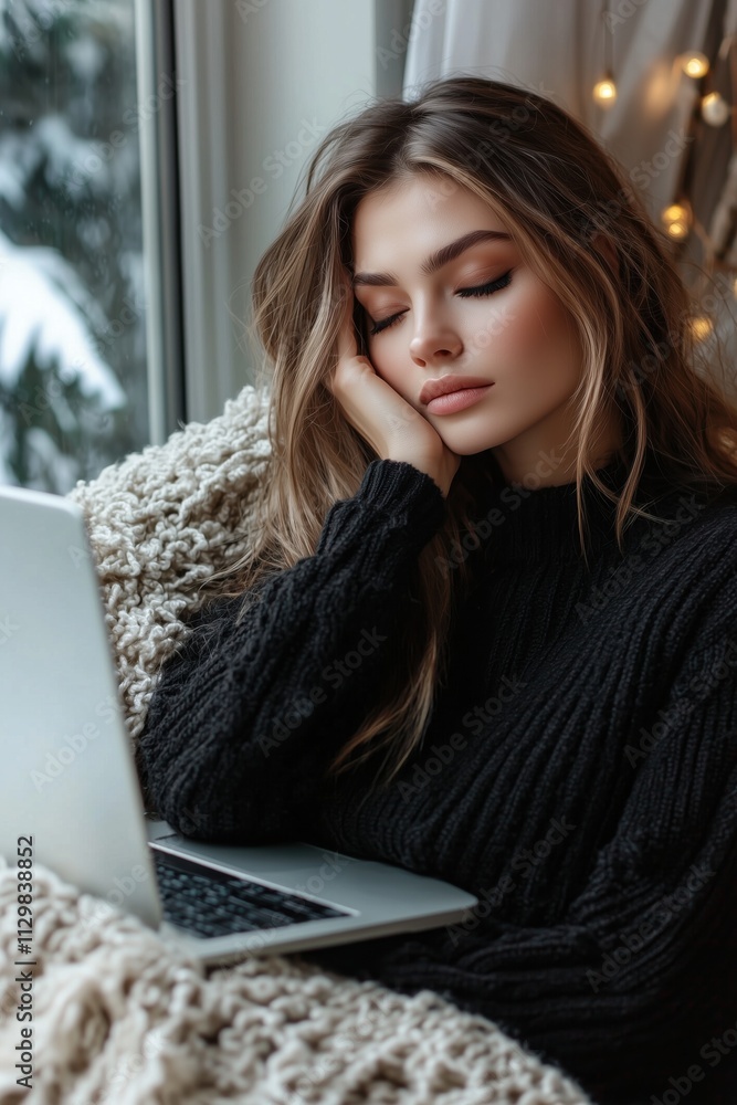 Woman in a cozy sweater, asleep while working on a laptop by a window with winter scenery Woman in a cozy sweater, asleep while working on a laptop by a window with winter scenery
