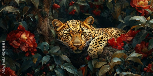 Majestic Leopard Resting in Lush Tropical Flowers Foliage photo