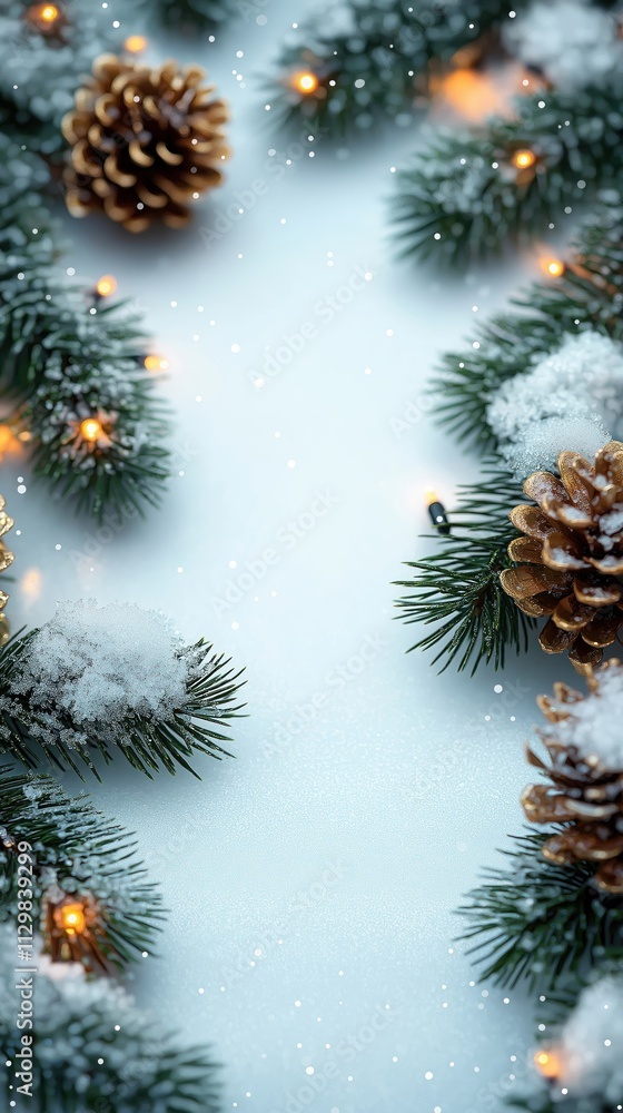 Festive winter scene with snowy pine branches and golden pine cones. Christmas lights add warm glow. Perfect for holiday greetings and cards. A beautiful winter background. Festive winter scene with snowy pine branches and golden pine cones. Christmas lights add warm glow. Perfect for holiday greetings and cards. A beautiful winter background.